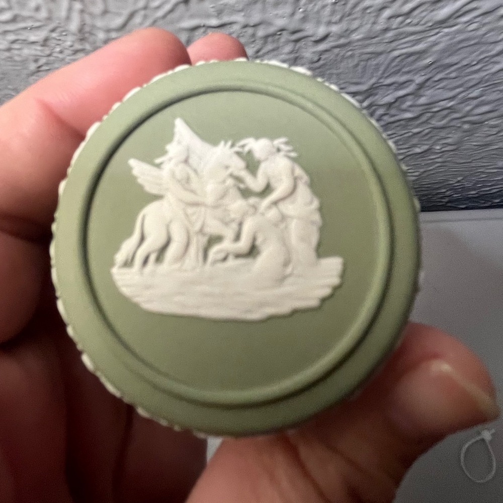 Wedgwood Sage Green Jasperware Pegasus Mini Round Trinket Box Made in England